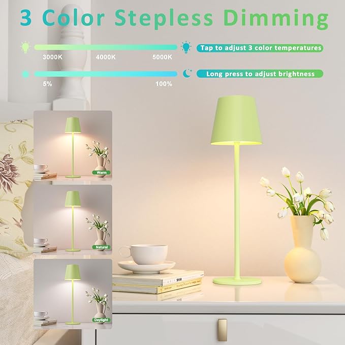 Kakanuo Yellow Green Cordless Table Lamps, Rechargeable Lamp, Battery Operated Lamps, Touch Control Table Lamps, 3 Color Temperature, Stepless Dimmable, LED Portable Wireless Battery Lamp, Set of 2