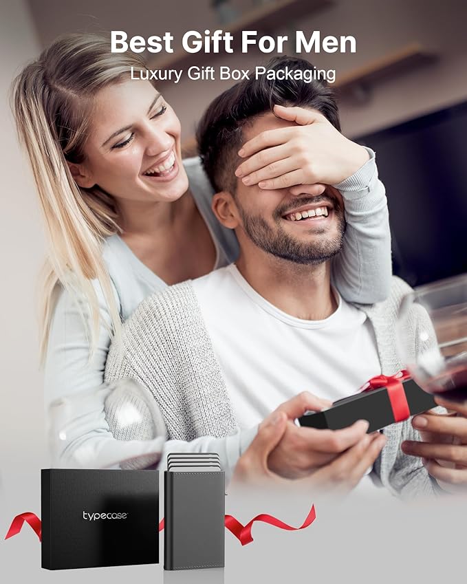 typecase Mens Wallet Card Holder: Pop Up Aluminum Case, Premium Genuine Leather, Smart, RFID Blocking, Slim, Minimalist, Front Pocket - 9-14 Card Capacity | ID Window | Cash Slot - Deep Grey