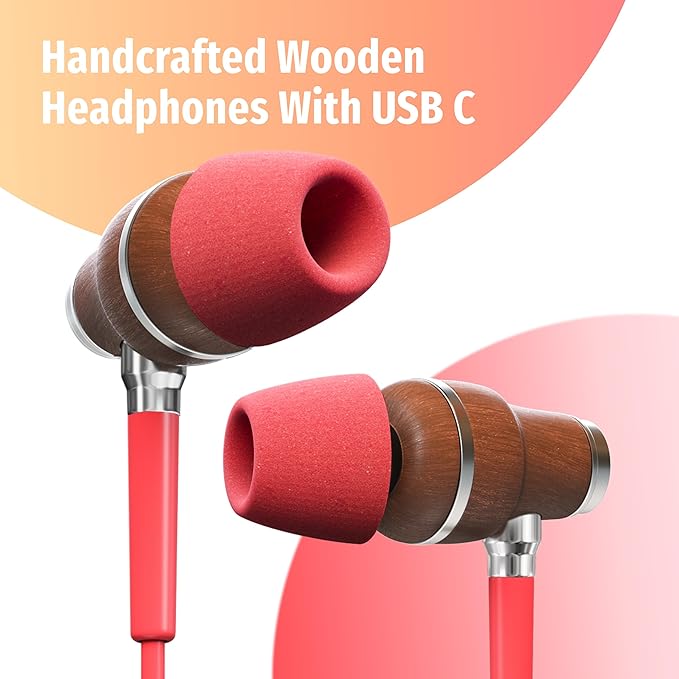 Symphonized Premium Wooden iPhone Earphones Wired (USB C) Deep Bass Sound, 3D Sound, Microphone Volume Control, 90% Noise Cancelling for Type C Devices. Earphones for iPhone 15 to 17 & Android