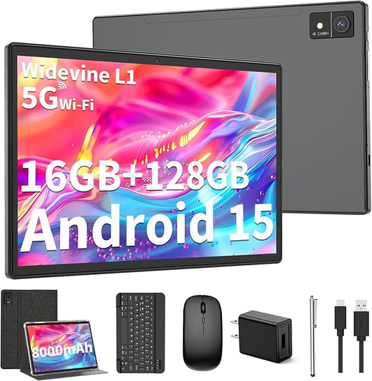 Android 15 Tablet with Keyboard - 10 inch Tablet, 16GB+128GB, 1TB Expand, Octa-Core, 2.4G/5G WiFi, 8000mAh, BT V5.0, GMS Certified, Widevine L1, Split-Screen, with Case, Mouse, Stylus(Black)