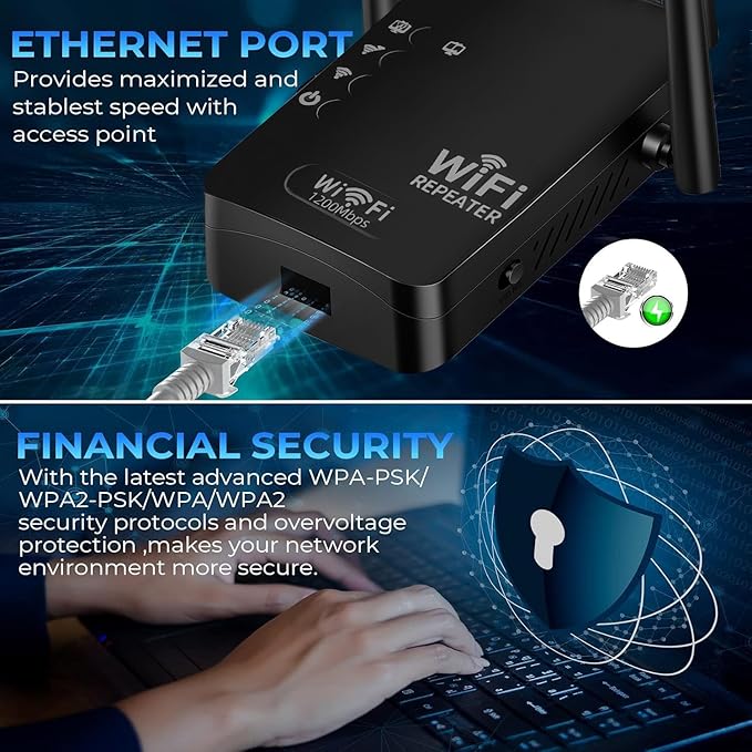 1200Mbps WiFi Extender Signal Booster,WiFi Extender Dual Band for Home，New Gen 6X Faster Internet Booster Extender, WiFi Repeater Coverage up to 10K sq.ft and 65 Devices(Black)