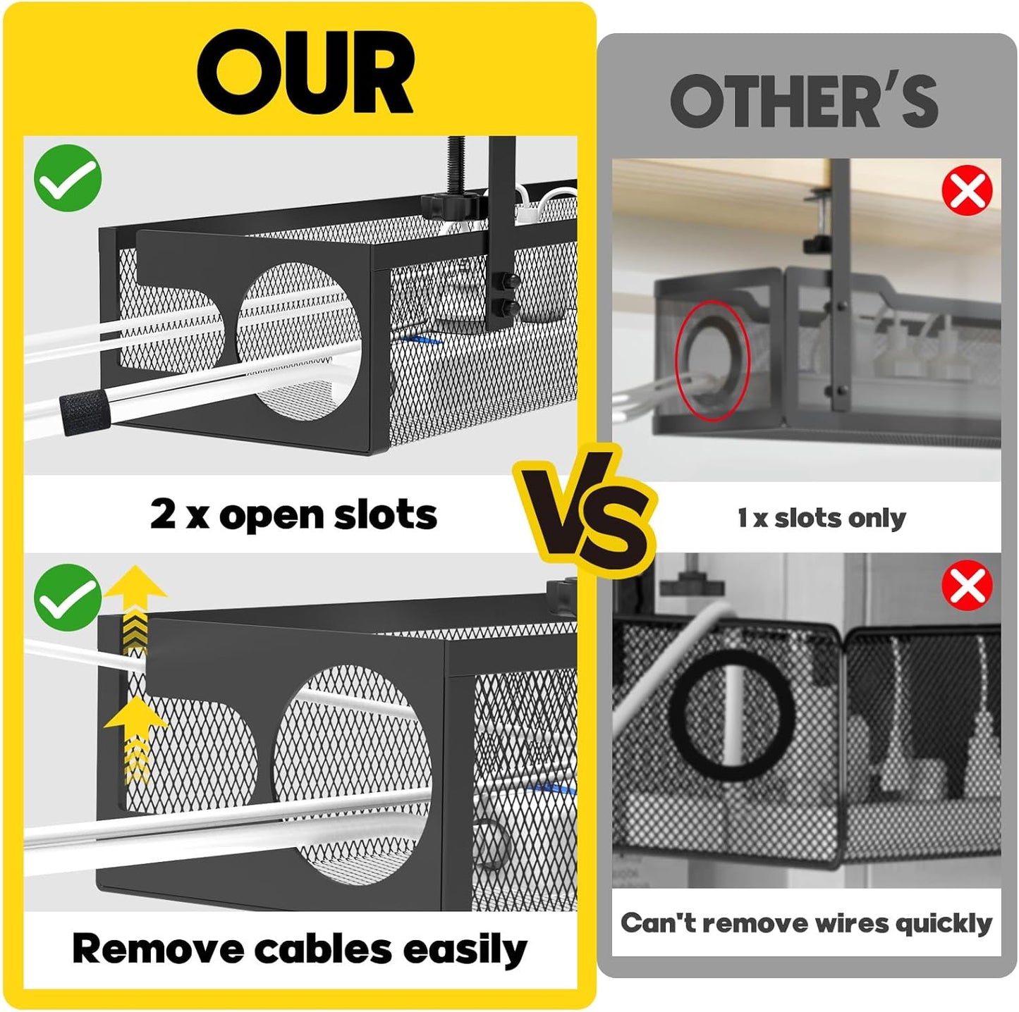 Under Desk Cable Management Tray No Drill 15.1’’, Metal Mesh Cable Management Box with Hybrid Side Slots Cable Raceway,Adjustable Cable Tray with Wire Management for Office Home,1 Pack (Black)