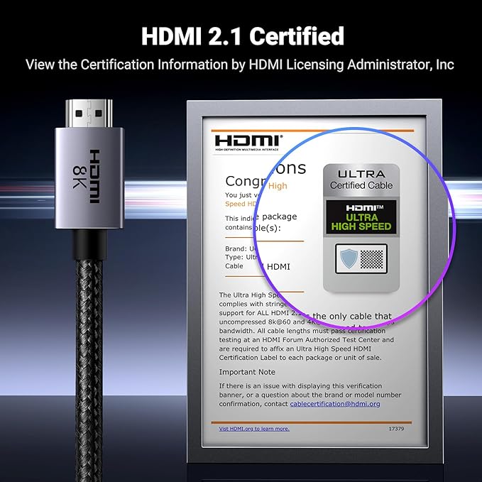 UGREEN 8K HDMI 2.1 Cable 48Gbps 3.3FT, Certified Ultra High Speed HDMI Cord Aluminum, 4K@240Hz 120Hz 10K 8K@60Hz, HDCP 2.2&2.3, eARC HDR 10 Dolby Compatible with PS5/Blu-ray/Roku TV/Switch 2/Mac mini