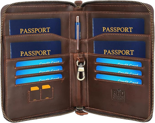 STAR VISTA Lorenzo Full Grain Leather Family Passport Wallet for 4, Large Travel Document Organizer for Exquisite Voyagers, Multi-Currency Compartments, RFID Blocking, AirTag Track, Espresso Brown