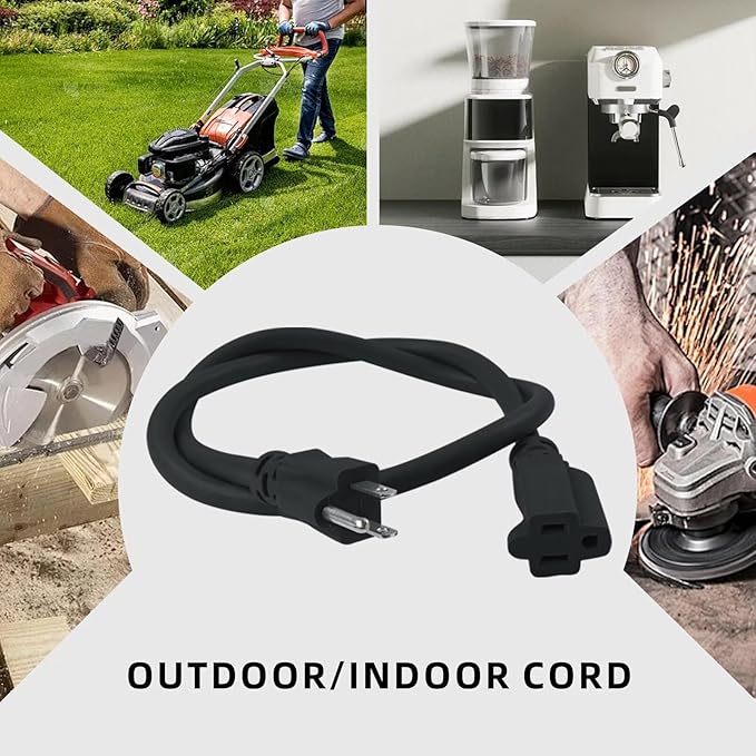 10ft Indoor Outdoor Extension Cord - 12/3 SJTW Heavy Duty Extension Cable with 3 Prong Grounded Plug for Safety -15Amp 1875W Black Electric Cord Great for Garden, Appliances