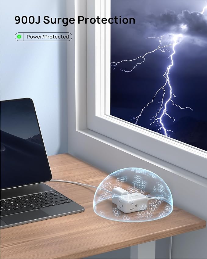 TROND 360° Rotating Flat Plug Extension Cord Surge Protector 15ft, Small Power Strip with 900 Joules, 3 Side Grounded Outlets, 13A, SPT 16/3 Gauge Wire, for Indoor Home Office Dorm Essentials, White