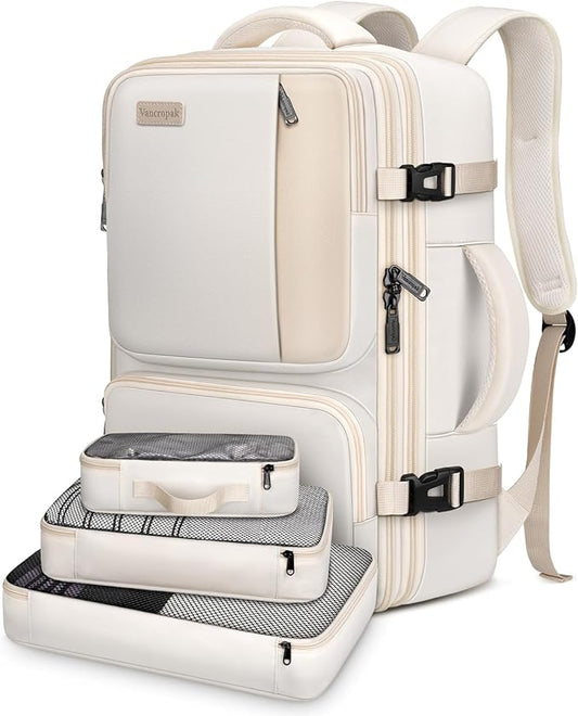 Vancropak Expandable Carry on Backpack for Airplanes, TSA Personal Item Airline Approved 40L Travel Backpack for Women, Lightweight Weekender Overnight Luggage Daypack Suitcase, Travelers Gifts, Beige