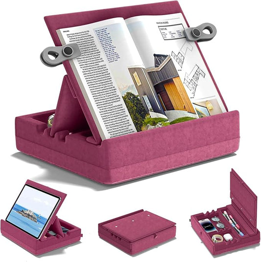 KDD Book Stand with Storage, Multi-Angle Viewing Reading Tablet Holder for Lap, Bed, Desk and Couch, Foldable I-pad Pillow Holder with Organizer Tray for Book,Tablet, Cell Phone, (4.7"-15") Purple