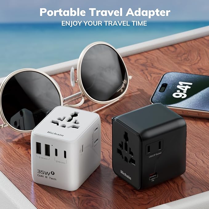 Hichain 7-in-1 Universal Travel Adapter 35W, Fast Charging GaN Travel Worldwide Universal Power Adapter Block, Compact International Plug Foldable European Travel Plug Adapter Global Vacation Holiday