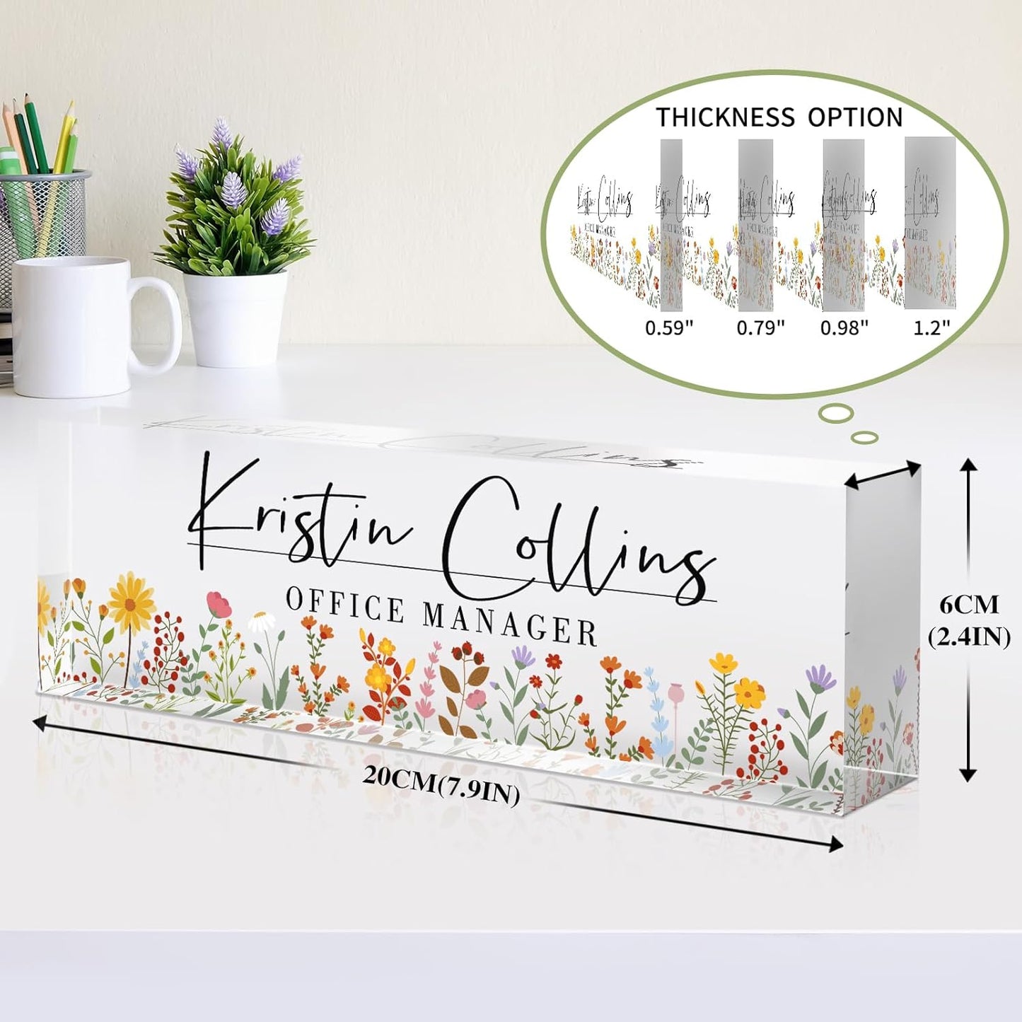 Custom Name Plate for Desk, Acrylic Office Decor For Women Men, Personalized Office Desk Accessories, Teacher Employee Appreciation Gifts For Social Worker Boss Coworkers (Flowers-1)
