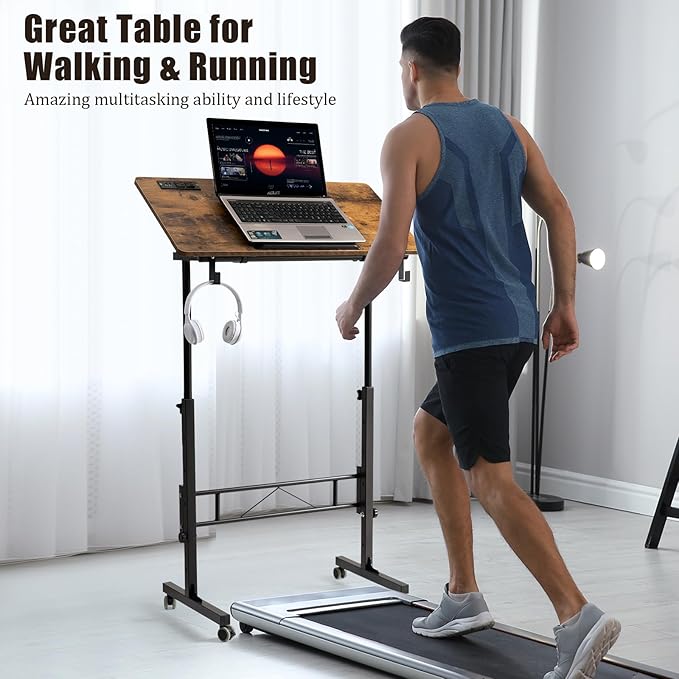 SIDUCAL Standing Desk Height Adjustable with Tiltable Tabletop, Rolling Laptop Desk with Charging Station, Sit Stand Portable Stand Up Desk with Wheels, Rustic Brown