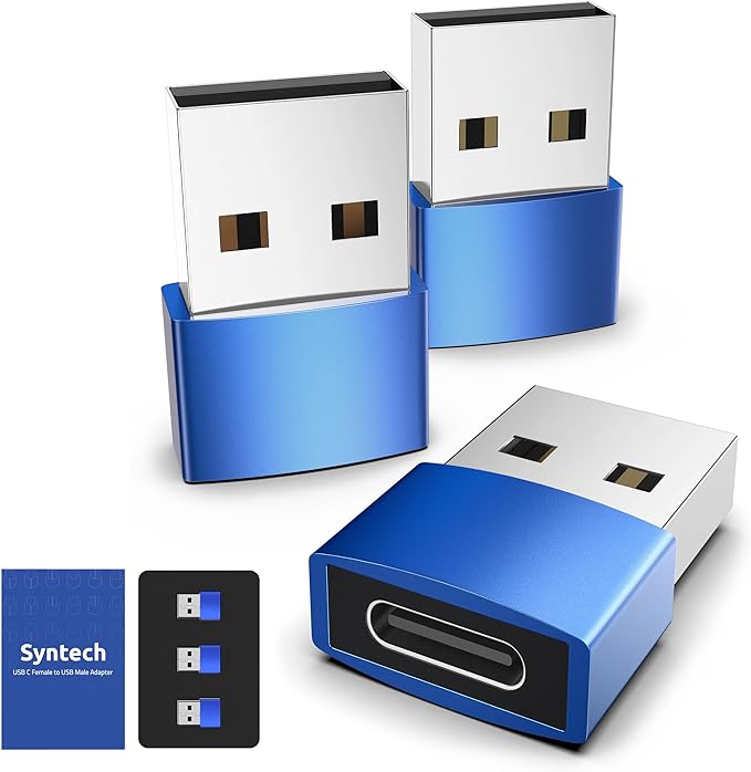 Syntech USB C Female to USB A Male Adapter 3 Pack, Type C Charger Cable Power Adapter Compatible with iPad Air 7, iPhone 17/16/15/14/13 Pro Max, Apple Watch Series 10/9/8, Samsung Galaxy S20 etc, Blue