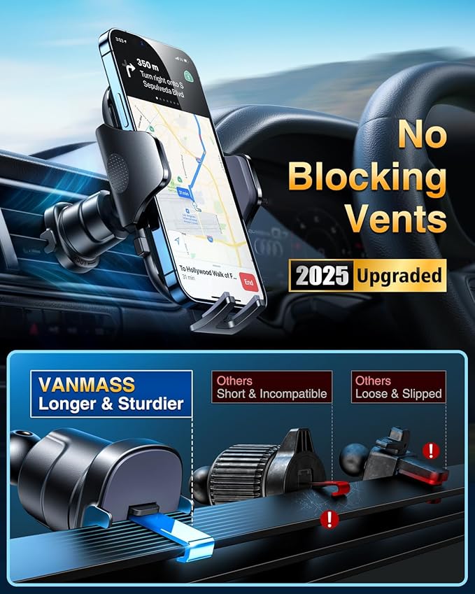 [2025 True Military-Grade] Car Phone Holder VANMASS [Upgraded Strongest Suction & Clip] Cell Phone Mount for Dashboard Windshield Vent Wall,Truck Cradle Stand for iPhone 17 Pro Max 16 15 14 13 Android