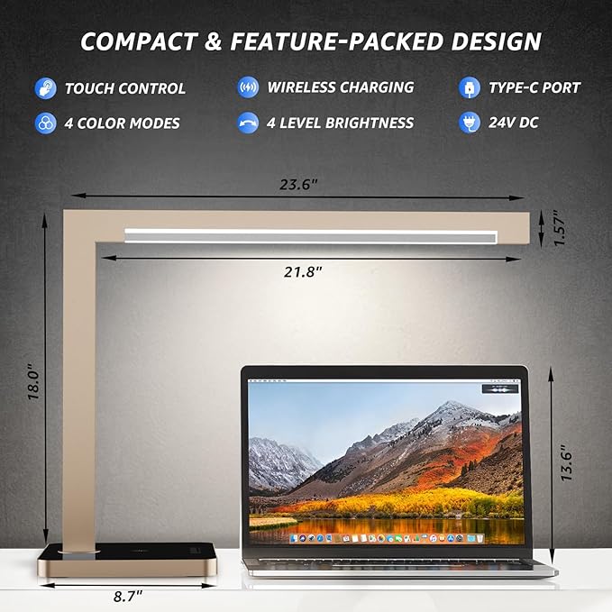 Aluminum LED Desk Lamp with Charging Station, Large 15W Table Lamp with Type-C Ports & 4 Color Temperature Modes(3000K-6000K), Dimmable Desk Light for Home Office,Bedroom (Includes Adapter)