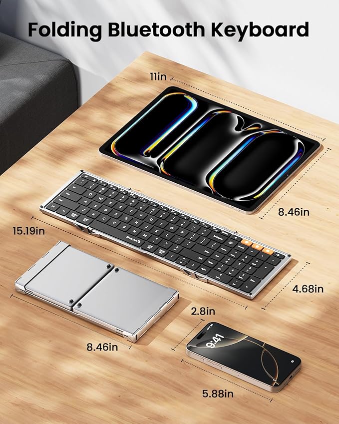 ProtoArc Foldable Bluetooth Keyboard, XK01 Folding Wireless Portable Keyboard with Numeric Keypad, Full-Size Travel Keyboards for iPad Tablet Smartphone Laptop PC Windows iOS Android, Black Silver