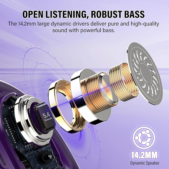Open Ear Headphones, Bluetooth 5.4 Earphones 36H Playtime Air Conduction Headphones with Mic, Adjustable Earhook Earbuds with ENC Clear Calls/LED Display, IPX7 Open Ear Earbuds, Dark Purple