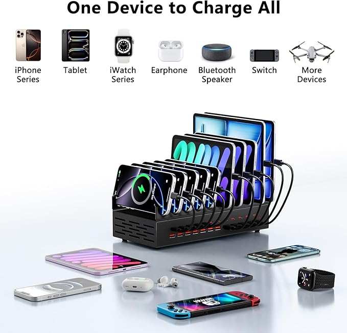 300W Charging Station with 24 Ports,USB Fast Charger for Multiple Devices,Multi Charger Station Organizer Compatible with Smart Power Delivery,Phone,Tablet,Charging Station for Home,Office,School