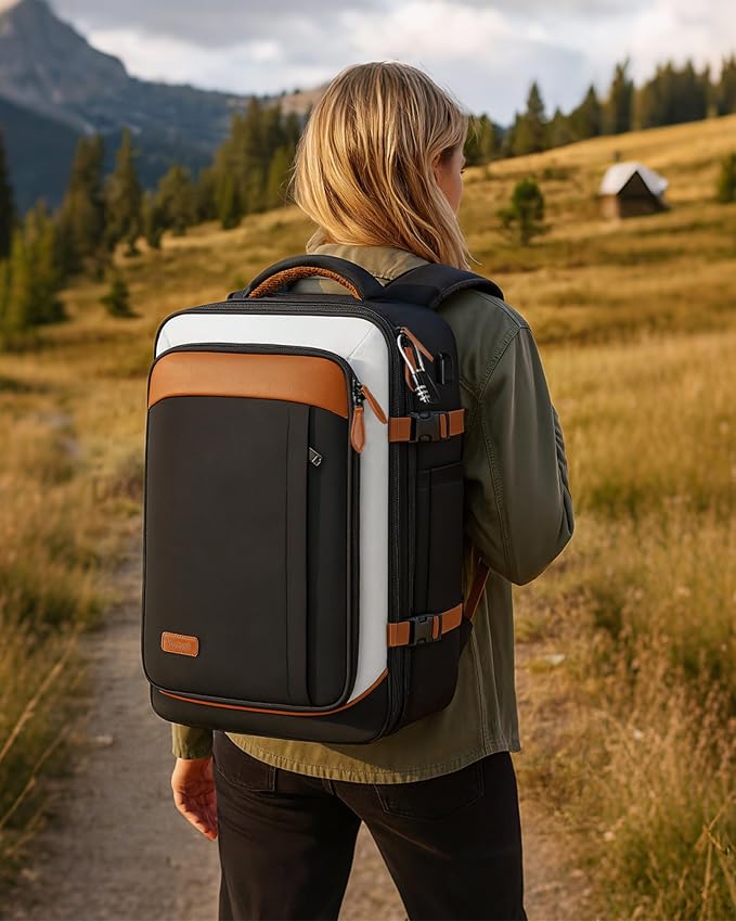 Vancropak Flight Approved 40L Expandable Carry On Travel Backpack, Lightweight Weekend & Short Trip Travel Bag with 3 Packing Cubes, Water-Resistant Anti-Theft Luggage for Men Women, Black White Brown