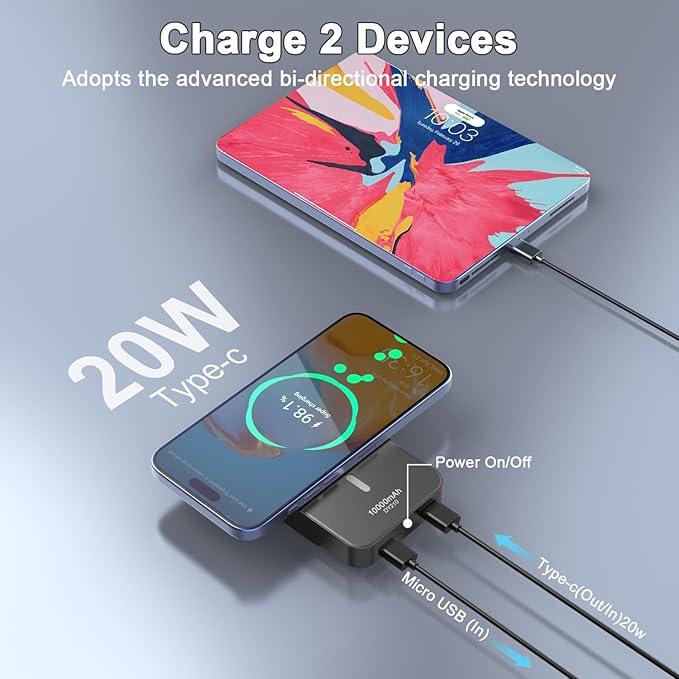 Magnetic Portable Charger, Power Bank 10000mAh with PD 20w Fast Charging, USB C in&Out Battery Pack, Compatible with Mag-Safe for iPhone 13/14/15/16/17 Pro/Pro Max Series, Samsung, Android, and More