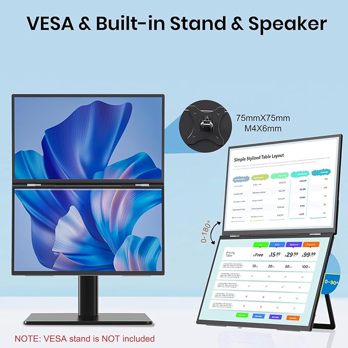 18.5'' Dual Portable Monitor FHD 1080P 100Hz USB-C HDMI External Folding Stacked Triple Monitor Built-in Stand Speakers for Laptop PC Windows Mac Portable Screen