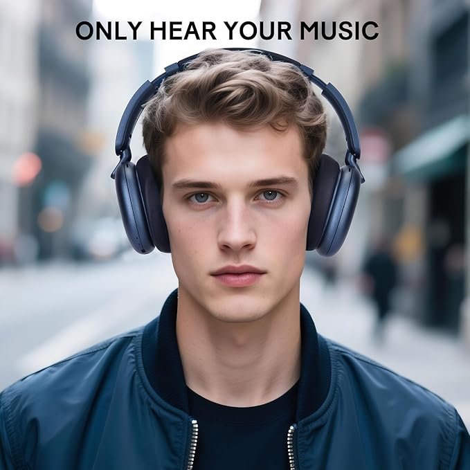 RORSOU C6 Active Noise Cancelling Headphones, Wireless Over Ear Bluetooth Headphones, 60H Playtime, Lightweight Folding Deep Bass Comfort Fit Ear Cups Headset with Mic for iPad/Travel/PC/Home Blue