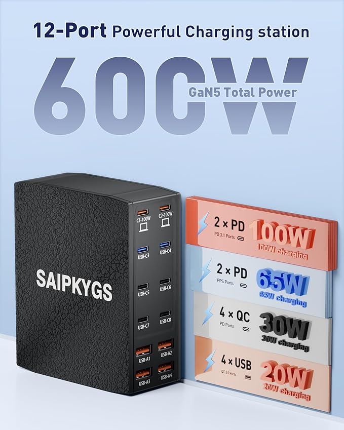 USB Charging Station (600W),12-Port USB C Charger Block with Dual 100W PD USB-C Fast Charging Station Hub for MacBook Pro/Air/All iPad Phone 17/16 15/14/13/Pro Max/Samsung Galaxy Note (Black)