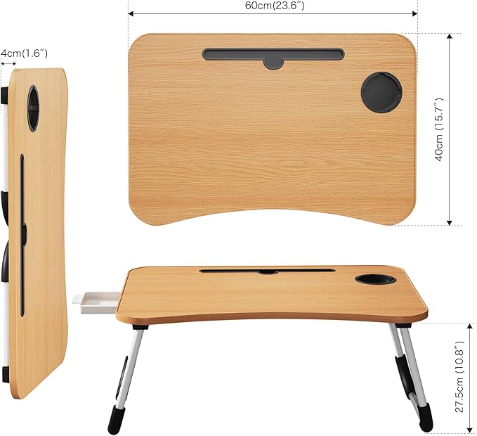 Lap Desk Bed Trays for Eating and Laptops Breakfast in Bed Tray for Sofa/Couch/Study/Reading/Writing with Cup Holder/Drawer On Low Sitting Floor Large Portable Foldable (Walnut Beige)