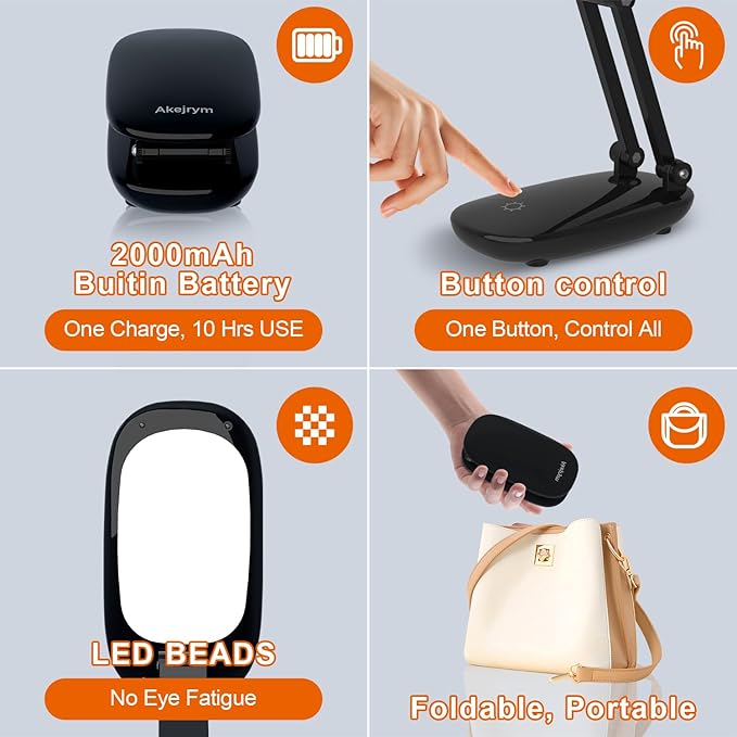 LED Desk Lamp for Office Home & Battery Operated Lamp Rechargeable Lamp Foldable & Portable Light, [2-Fold Bracket] 3 Brightness Dimmable Small Desk Lamp Wireless Reading Lamp (Black)