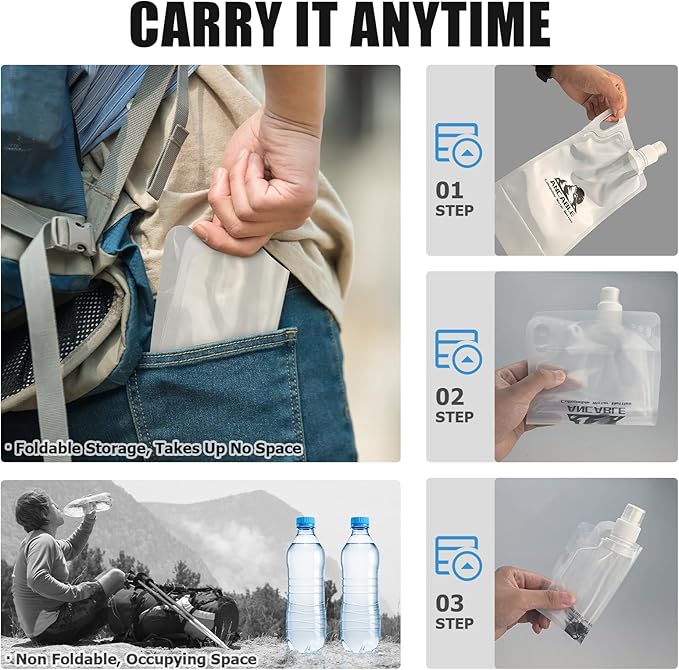 1L Hiking Collapsible Water Bottles, 4-Pack 33OZ BPA-Free Foldable Backpacking Water Bottle for Travel Camping Hiking