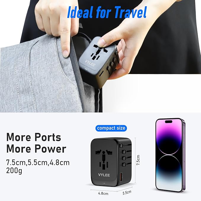 Universal Travel Adapter, 65W Fast GaN International Power Adapter, 3PD USB-C+1QC USB-A European Travel Plug Adapter, US, UK, EU, AU Worldwide Travel Charger for Laptops, Tablets, Phones