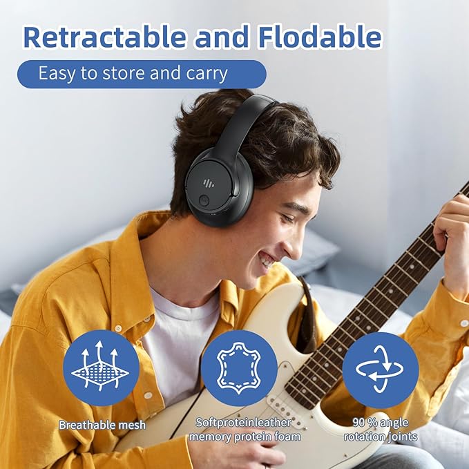 Active Noise Cancelling Headphones, Wireless Over Ear Bluetooth Headphones with Microphone, Transparency Mode, 70H Playtime, Hi-Res Audio, Deep Bass, Bluetooth 5.3, Lightweight Design,Black