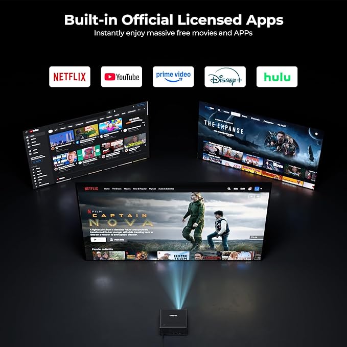 CiBest Mini Projector with WiFi and Bluetooth, Built-in Netflix/YouTube/PrimeVideo, Electric Focus & Keystone, Short Throw Full HD 1080P Supported, Portable Outdoor/Indoor Use