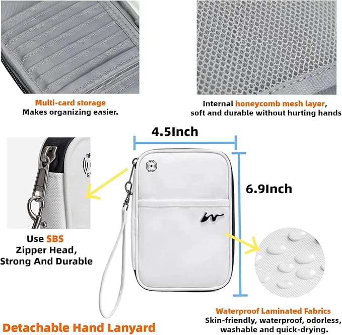 P-H1 Travel Family Passport Holder RFID Blocking Passport Waterproof Wallets for Men Women Travel Document Organizer Cards Case, Lightweight Portable Passport Cover with Zipper Pocket(White)