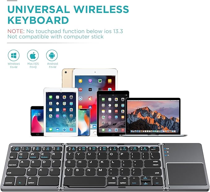 Foldable Bluetooth Keyboard with Touchpad - Portable Wireless Keyboard with Holder, Rechargeable Full Size Ultra Slim Pocket Folding Keyboards for Android Windows iOS Tablet & Laptop Travel Keyboards