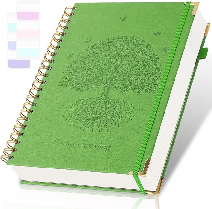 Spiral Notebook, College Ruled Notebook, 8" x 10", 300 Pages Leather Journals for Writing, B5 Hardcover Journaling Notebooks for Work School, 24pcs Tabs, Large Embossed Journal for Women Men, Green2
