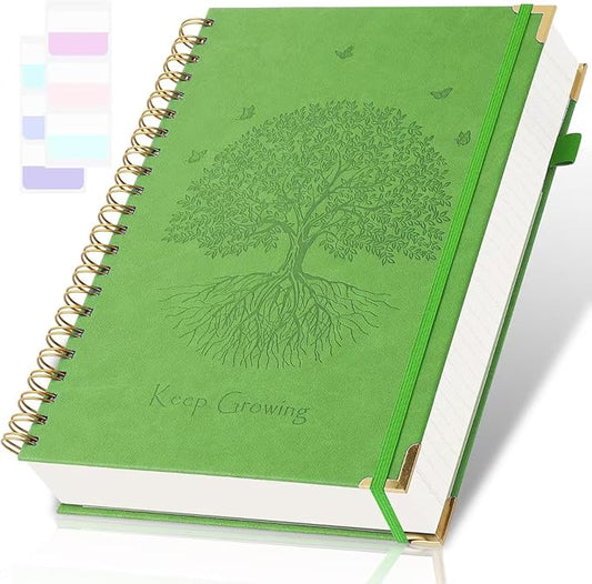 Spiral Notebook, College Ruled Notebook, 8" x 10", 300 Pages Leather Journals for Writing, B5 Hardcover Journaling Notebooks for Work School, 24pcs Tabs, Large Embossed Journal for Women Men, Green2