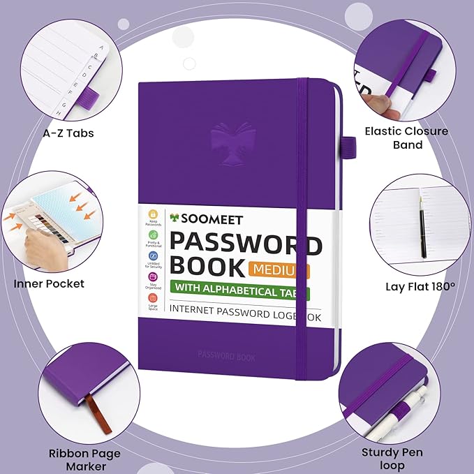 Password Book with Alphabetical Tabs, Hardcover Password Keeper, A5 Size 8.3"x6" Password Notebook for Saving Internet Login, Username, Password Organizer for Computer & Website Logins, Pruple