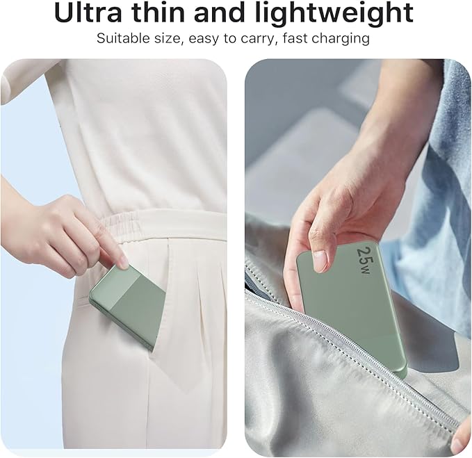 NOBIS Portable Charger, 10000mAh Power Bank Fast Charging, Battery Pack with C to C Cable, Battery Bank with Digital Display for iPhone iPad Android etc (Green, 25W)