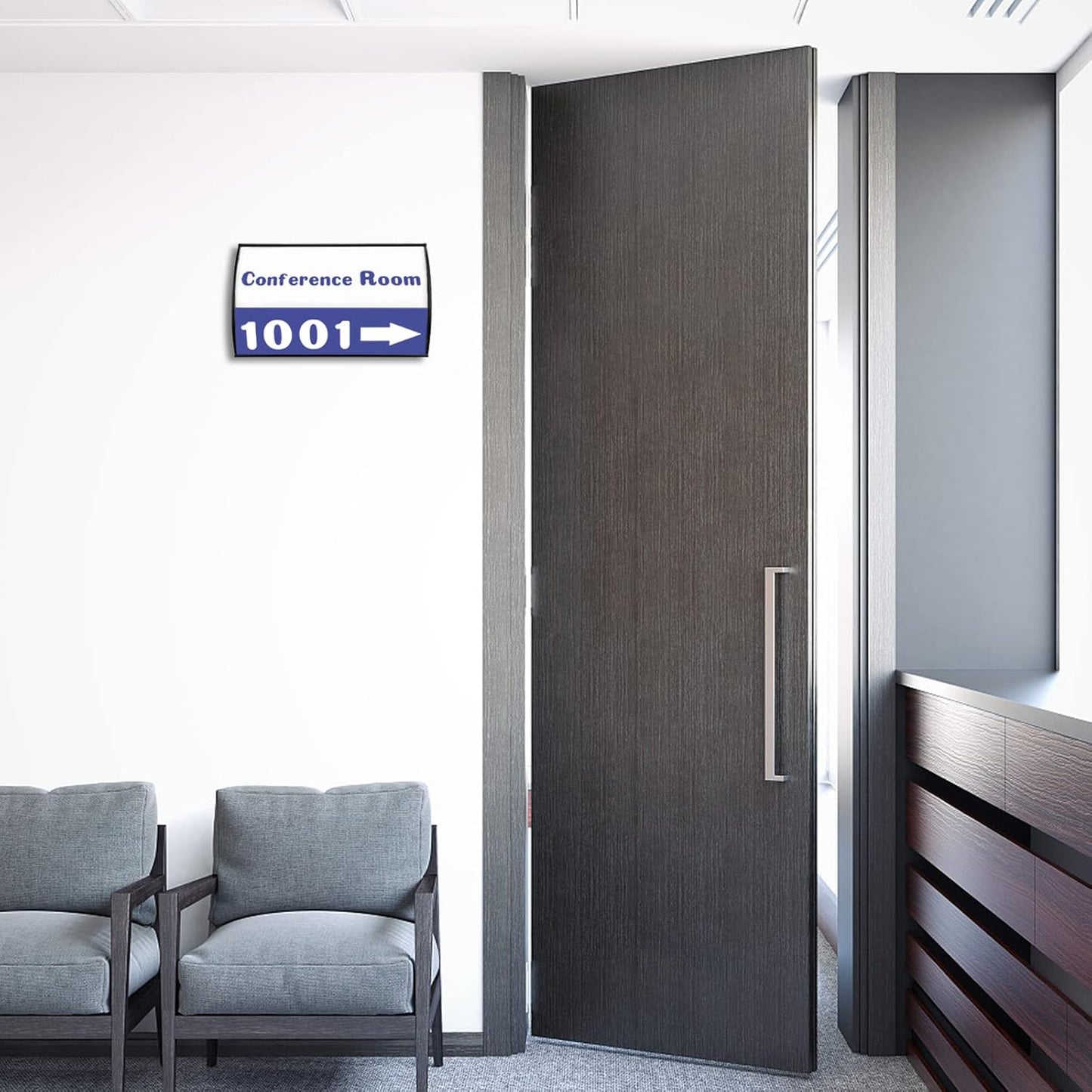 Set of 5 –Sturdy & Elegant Black Aluminum Wall Mount Name Plate Holder, Office Business Door Curved Sign Holder with Adhesive Tape, 8” X 4” - Plastic Film Included, Paper Inserts NOT Included