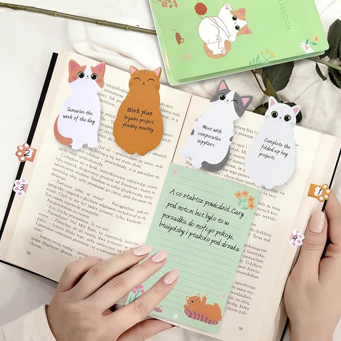 Cat Sticky Notes Set, 360 Sheets Cute Cartoon Animal Cat Self-Stick Notes Pads Cat Themed Memo Pads Cat Paw Page Markers Sticky Index Tabs for Cat Lovers Students Office School Supplies