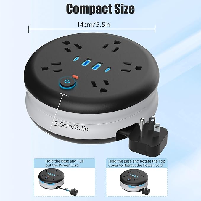 Retractable Travel Power Strip: 10 Ft Extension Cord Portable Powerstrip with 5 Outlet 2 Smart USB Port 2 USB C for Travel Cruise Ship Beach Vacation Essentials