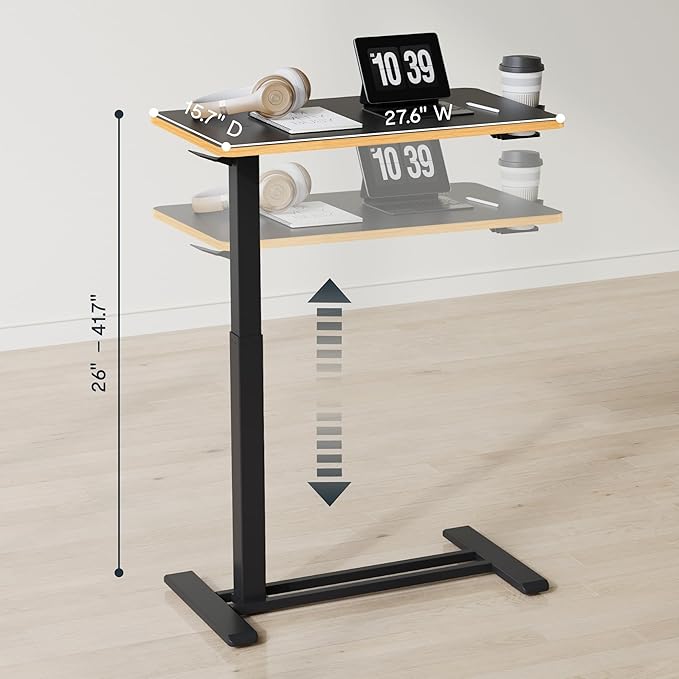 FLEXISPOT H7 Adjustable Overbed Bedside Table with Wheels Pneumatic Mobile Standing Desk Laptop Desk Rolling Computer Cart Movable Overbed Tables Hospital Home Use(27.6" W x 15.7" D, Black Maple)