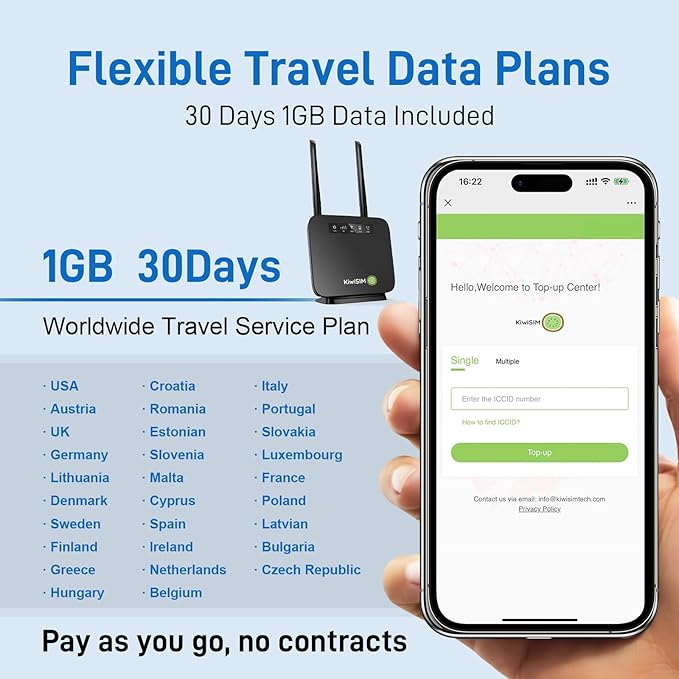 4G LTE WiFi Router with 1GB Data Card, Portable Modem WiFi Router, 300Mbps WiFi, Supports Verizon, AT&T and T-Mobile, 3000mAh Battery, WiFi Mobile Hotspot Router for Home/RV/Office/Camping