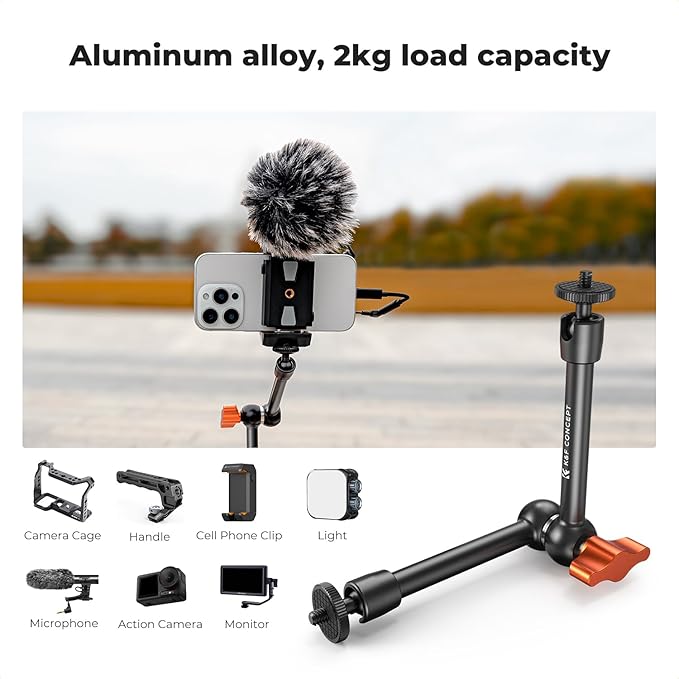 K&F Concept 9.8" Magic Arm Clamp Kit with 1/4" & 3/8" Thread Screw 360° Ball Heads Articulating Magic Arm with Tripod Mount Adapter for Gopro/LED Lights/Monitor/Flash/Microphone/DSLR Camera