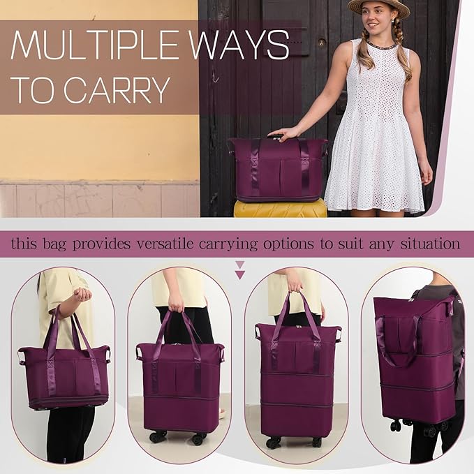 VOOWO Duffel Bag with Wheels - Rolling Foldable Expandable Duffle Bag with Wheel for Travel, Rolling Luggage Bag Carry On Travel Bag with Wheels, Large Wheeled Overnight Weekender Bags (Deep Purple)