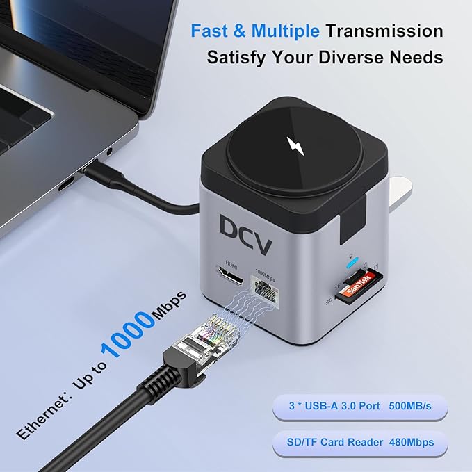 USB C Laptop Docking Station with MagSafe Charger Stand, 9 in 1 USB C Hub Multiport Adapter with 4K HDMI, 1Gbps Ethernet, 3 USB 3.0, SD/TF, Compatible with MacBook/Dell/HP/Lenovo/iPhone (Silver Gray)