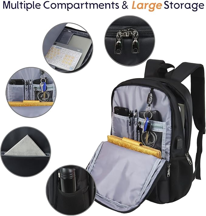 Laptop Backpack for Men Women, Travel Business Backpack with USB Charging Port and Anti Theft Pocket, Fits 17 Inch Laptop,Black