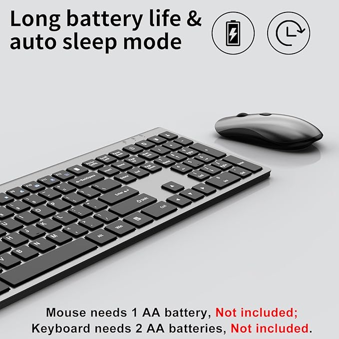 Wireless Mouse and Keyboard Combo, Silent Full-Size Computer Keyboard with Calculator Button, 2400 DPI Mouse, Quiet Click, Slim Cordless USB Set for Laptop PC Windows Mac - Space Grey