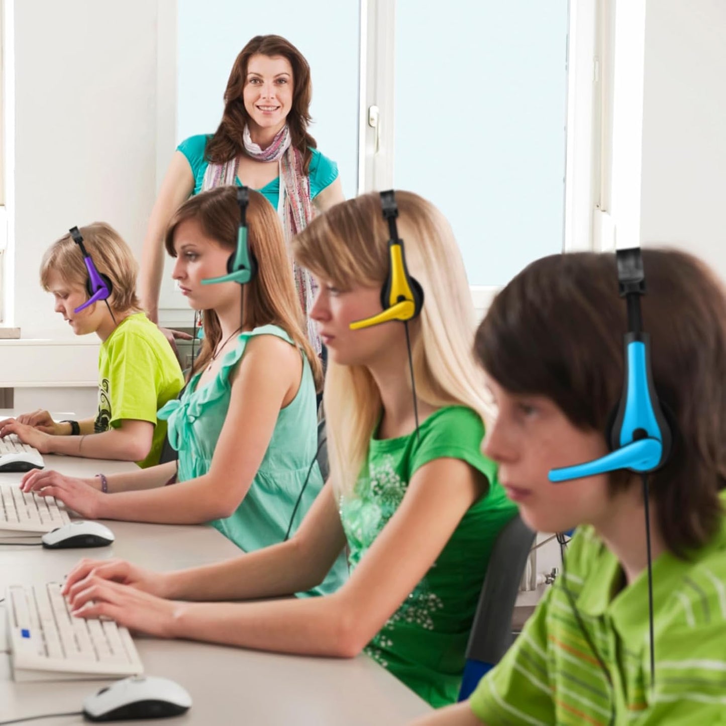 Yunsailing 20 Pack Bulk Classroom Headphones with Microphone Students Kids Wired School Class Set Headphones for School Library Computer Office Adults 3.5 Jack Universal Plug(Multicolor)