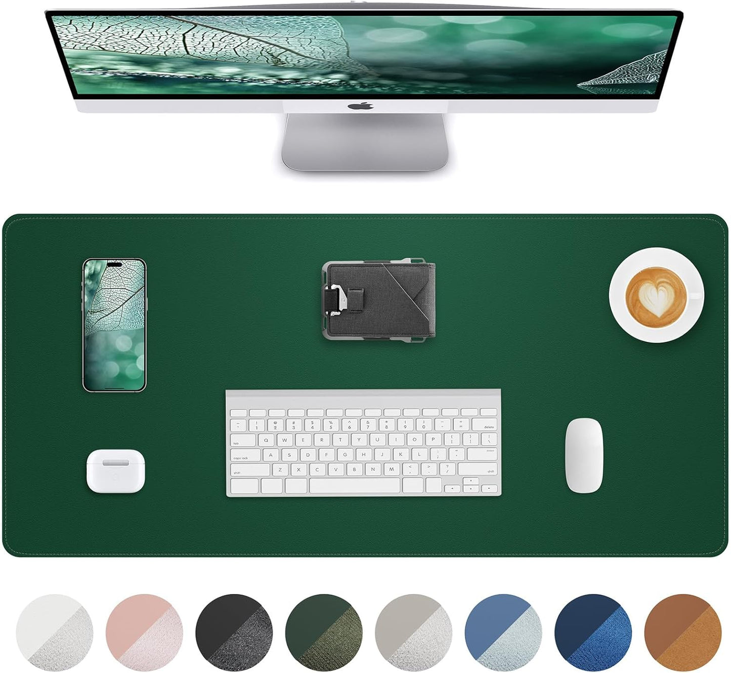 Leather Desk Pad Protector,Desk Mat,Large Mouse Pad, Non-Slip Desk Pad, Waterproof PU Leather Desk Blotter Mat, Desk Cover for Office and Home (Green, 36" x 17")
